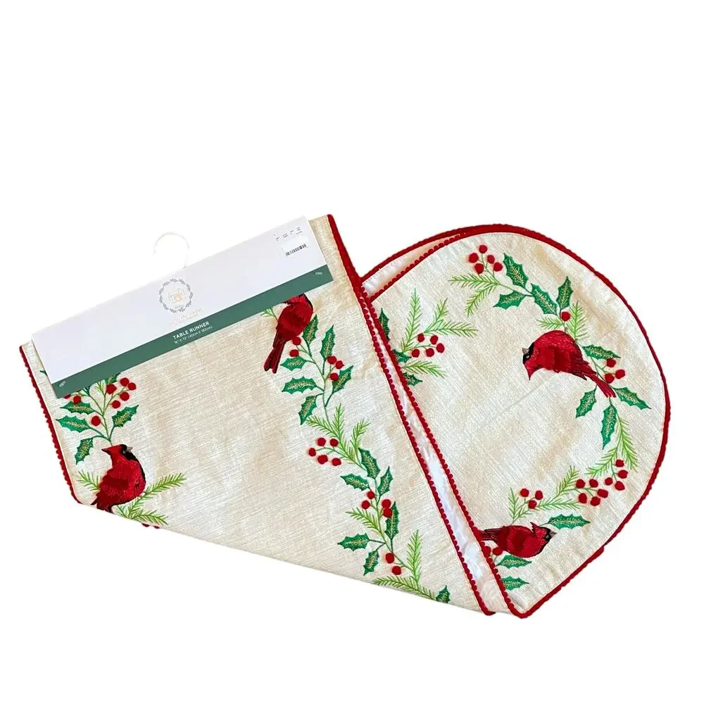 The Farmhouse Embroidered Red Cardinals Christmas Table Runner 16x72 Holiday New